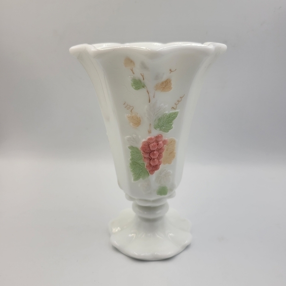 Westmoreland Milk Glass Hand Painted Grape Fluted Vase/ Vintage Milk Glass Vase - Picture 1 of 6